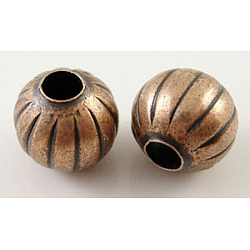 Iron Corrugated Beads, Nickel Free, Red Copper, Round, 5mm in diameter, hole:2mm, about 5360pcs/1000g(E186Y-NFR)