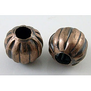 Iron Corrugated Beads, Nickel Free, Red Copper, Round, 8mm in diameter, hole: 3mm, about 1563pcs/1000g(E300Y-NFR)