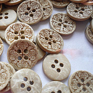 Carved Round 4-hole Basic Sewing Button, Coconut Button, BurlyWood, about 13mm in diameter, about 100pcs/bag(NNA0YX9)
