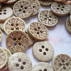 Carved Round 4-hole Basic Sewing Button, Coconut Button, BurlyWood, about 13mm in diameter, about 100pcs/bag(NNA0YX9)