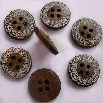 4-hole Flat Back Round Buttons, Wooden Buttons, Coconut Brown, about 15mm in diameter
