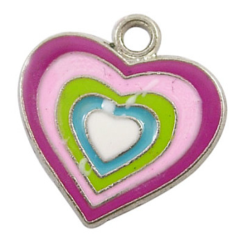 Alloy Enamel Pendants, Lead Free and Cadmium Free, Heart, Platinum, Colorful, about 18mm long, 17.5mm wide, 1.5mm thick, hole:2mm