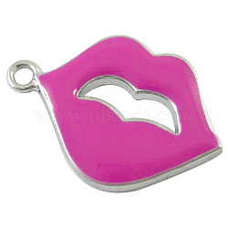 Alloy Enamel Pendants, Cadmium Free & Lead Free, Hot Pink, Lip, Platinum,  about 24.5mm long, 17mm wide, 2.5mm thick, hole: 2mm(EA547Y-1)