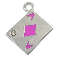 Alloy Enamel Pendants, Cadmium Free & Lead Free, with Rhinestone, Playing Card, Platinum, Pink, 21mm long, 19mm wide, 2.5mm thick, hole: 3mm(EAP031Y-2)
