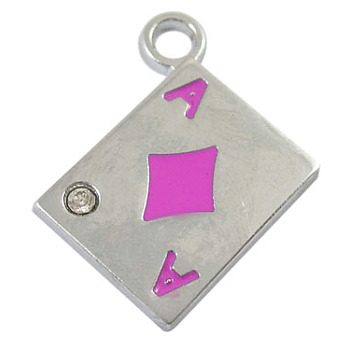 Alloy Enamel Pendants, Cadmium Free & Lead Free, with Rhinestone, Playing Card, Platinum, Pink, 21mm long, 19mm wide, 2.5mm thick, hole: 3mm