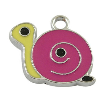 Alloy Enamel Pendants, Cadmium Free & Lead Free, Snail, Platinum, Deep Pink, about 16mm long, 18mm wide, 2mm thick, hole: 2mm