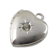 Brass Locket Pendants, Photo Frame Charms for Necklaces, Heart, Silver Color Plated, 12x10.5x4mm, hole: 1mm(EC1173-S)