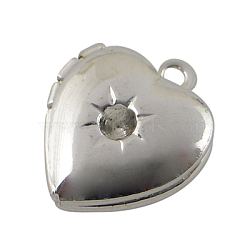 Brass Locket Pendants, Photo Frame Charms for Necklaces, Heart, Silver Color Plated, 12x10.5x4mm, hole: 1mm(EC1173-S)