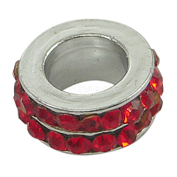 Large Hole Beads, European Brass Rhinestone Beads, Rondelle, Platinum, Red, 11x5mm, Hole: 6mm(EC2001-5)