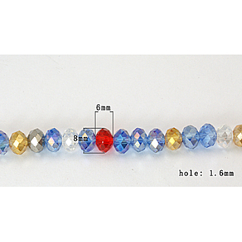 Electroplate Glass Beads Strand, AB Color Plated, Faceted, Rondelle, Size: about 8mm in diameter, 6mm thick, hole: 1.6mm, about 72pcs/strand, 16.3 inch.