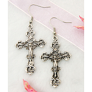 Fashion Cross Earrings, with Tibetan Style Pendant and Brass Earring Hooks, Antique Silver Color, 57mm(EJEW-JE00162)