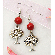 Fashion Tree of Life Earrings, with Tibetan Style Pendant, Glass Beads and Brass Earring Hook, Red, 50mm(EJEW-JE00170)