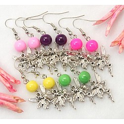Dangle Fairy Earrings, with Tibetan Style Pendant, Glass Beads and Brass Earring Hook, Mixed Color, 48mm(EJEW-JE00196)