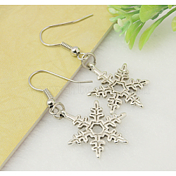 Tibetan Style Snowflake Earrings, with  Tibetan Style Pendant and Brass Earring Hook, Antique Silver, 44mm(EJEW-JE00158-05)
