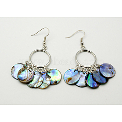 Natural Abalone Shell/Paua ShellChandelier Earrings, with Brass Earring Hooks, Colorful, Size: about 31mm wide, 60mm long, 3.8mm thick, hook: 17mm long(EJEW-Q172-1)