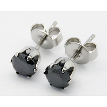 Cubic Zirconia Ear Studs, with Stainless Steel Base, Black, about 3mm wide, 13mm long, 0.7mm thick