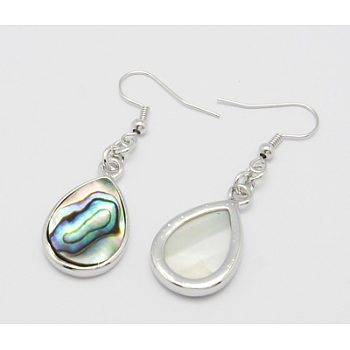 Stylish Alloy Abalone Shell/Paua ShellTeardrop Dangle Earrings, with Brass Earring Hooks, Colorful, Size: about 47mm long, Teardrop: about 15mm wide, 25mm long, 3mm thick, pin: about 0.6mm thick.