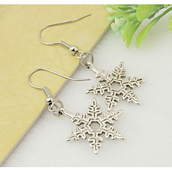Tibetan Style Snowflake Earrings, with  Tibetan Style Pendant and Brass Earring Hook, Antique Silver, 44mm