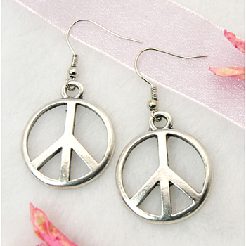 Fashion Peace Sign Earrings, with Tibetan Style Pendant and Brass Earring Hook, Platinum, 44mm
