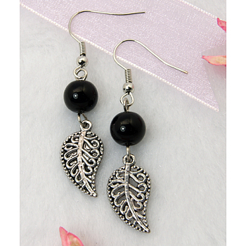 Dangle Leaf Earrings, with Tibetan Style Pendant, Glass Beads and Brass Earring Hook, Black, 48mm