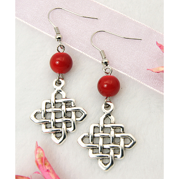 Dangle Rhombus Earrings, with Tibetan Style Pendant, Glass Beads and Brass Earring Hook, Red, 53mm
