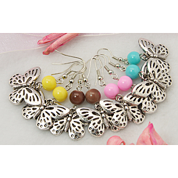 Dangle Butterfly Earrings, with Glass Beads and Brass Earring Hook, Mixed Color, 45mm