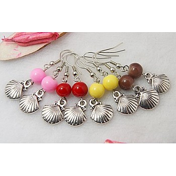 Fashion Shell Dangle Earrings, with Tibetan Style Pendant, Glass Beads and Brass Earring Hook, Mixed Color, 43mm