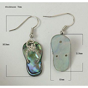 Abalone Shell/Paua ShellEarrings, Single Side, with Brass Earring Findings and Rhinestone, Shoes, Colorful, Size: about 12mm wide, 35.5mm long, 7mm thick