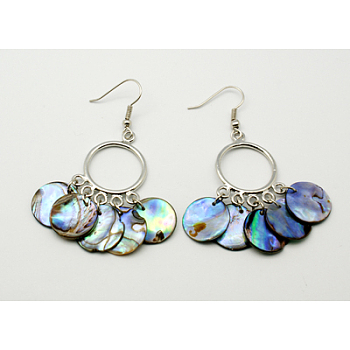 Natural Abalone Shell/Paua ShellChandelier Earrings, with Brass Earring Hooks, Colorful, Size: about 31mm wide, 60mm long, 3.8mm thick, hook: 17mm long
