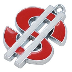 Alloy Enamel Pendants, Lead Free and Cadmium Free, Currency Symbol, Platinum Color, Crimson, 25x18x2mm, Hole: 2mm(ENAM-P139-4)