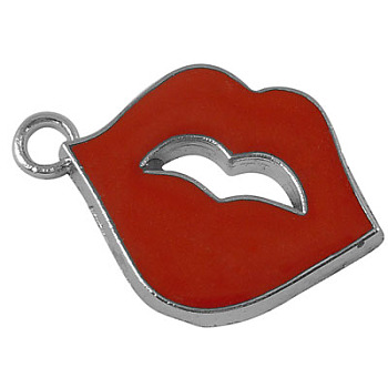 Alloy Enamel Pendants, Lip, Platinum Color, Red, Size: about 26mm long, 18mm wide, 2mm thick, hole: 2mm