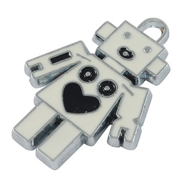 Alloy Enamel Pendants, Cadmium Free & Lead Free, Robot, Platinum Color, White and Black, Size: about 29mm long, 21.5mm wide, 2mm thick, hole: 2.5mm