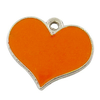 Alloy Enamel Pendants, Lead Free and Cadmium Free, Platinum Color, Heart, Orange, 16.5x19.5x1mm