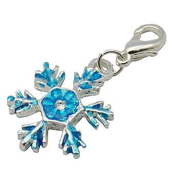 Zinc Alloy Enamel Pendants, Cadmium Free & Lead Free, Christmas Snowflake, with Brass Lobster Claw Clasps, Platinum Color, Deep Sky Blue, 37mm, Hole: 3mm