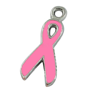 Breast Cancer Pink Awareness Ribbon Alloy Enamel Pendants, Cadmium Free & Lead Free, Platinum Metal Color, 19x8.5x1mm