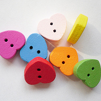 Love Buttons with 2-Hole, Wooden Buttons, Mixed Color, about 13mm long, 15mm wide