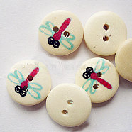 Round 2-Hole Buttons with Painted Dragonfly Pattern for Kids, Wooden Buttons, PapayaWhip, 15mm in diameter(NNA0YW7)