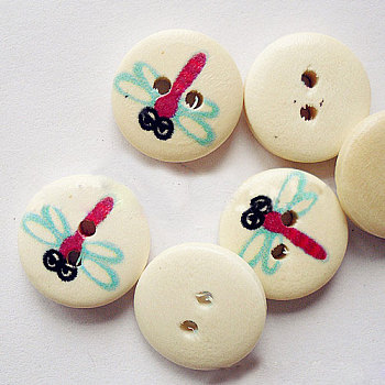 Round 2-Hole Buttons with Painted Dragonfly Pattern for Kids, Wooden Buttons, PapayaWhip, 15mm in diameter