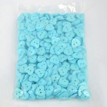 Lovely Heart Shaped Buttons, ABS Plastic Button, Pale Turquoise, about 14mm in diameter, hole: 1.5mm, about 400pcs/bag