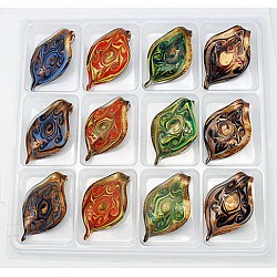 Handmade Gold Sand lampwork Big Pendants, Leaf, Mixed Color, Size: about 58mm long, 37mm wide, 5mm thick, hole: 6mm 12pcs/Box(FOIL-58X37)