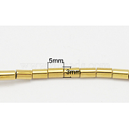 Non-Magnetic Synthetic Hematite Beads Strands, Grade A, Column, Golden Plated, Size: about 3mm in diameter, 5mm long, hole: 1mm, about 81pcs/strand, 15.7(G-B356-1)