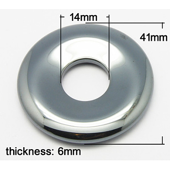 Non-magnetic Synthetic Hematite  Pendant, Grade A, Donut/Pi Disc, Black, Donut Width: 13.5mm, 41x6mm, Hole: 14mm