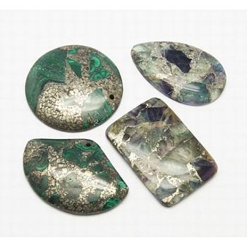 Natural Malachite Pendants, with Gold Line, Green, Size: about 30~39mm wide, 34~47mm long, 5~7mm thick, hole: 1.5mm