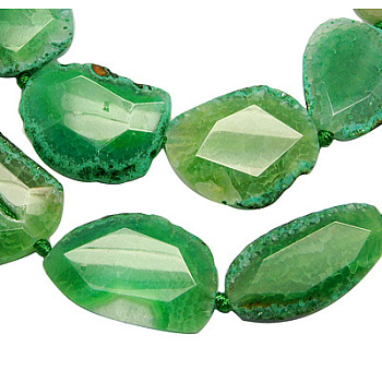 Natural Gemstone Beads Strands, Agate Slices, Crackle Agate, Dyed, Nuggets, Green, 30~65x26~40x7~9mm, Hole: 1.5mm, about 6~11pcs/strand, 15.5 inch