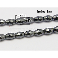 Non-Magnetic Synthetic Hematite Beads Strands, Faceted, Oval, Black, Size: about 3mm in diameter, 5mm long, hole: 1mm, 82pcs/strand, 16.13 inch(G-Q289-1)