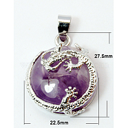 Natural Amethyst Pendants, with Alloy Findings, Flat Round, Purple, 27.5x22.5x10mm, Hole: 6x4mm(G-Q711)