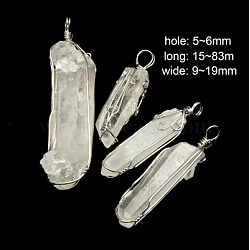 Wire Wrapped Stone Pendant, Natural Crystal Quartz with Brass Findings, 15~83x9~19mm(G-Q623-M)