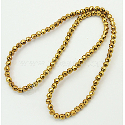 Non-Magnetic Synthetic Hematite Beads Strands, Faceted, Round, Golden Plated, 3.5x4mm, Hole: 1mm, about 104pcs/strand, 7.7 inch(G-Q661)
