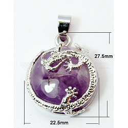 Natural Amethyst Pendants, with Alloy Findings, Flat Round, Purple, 27.5x22.5x10mm, Hole: 6x4mm(G-Q711)