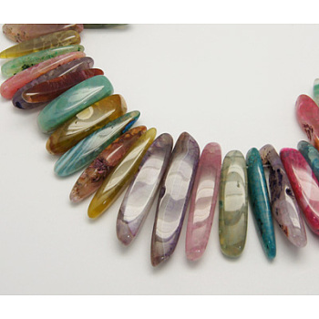 Gemstone Beads Strands, Natural Agate, Dyed, Colorful, Size: about 7~11mm wide, 27~75mm long, 5~11mm thick, hole: 1mm, 52pcs/strand, 15.4 inch
